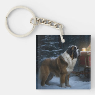 Porte-clefs Décor de Noël Saint Bernard Snowy Sleigh