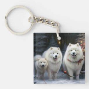 Porte-clefs Décor de Noël Samoyède enneigé