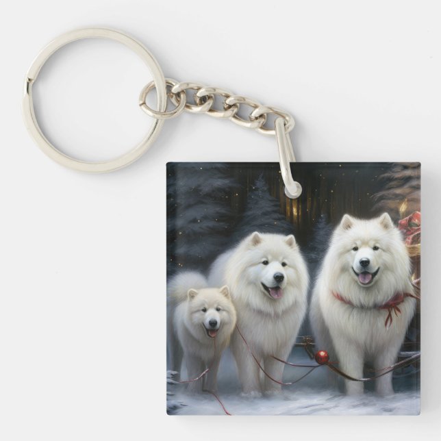 Porte-clefs Décor de Noël Samoyède enneigé (Devant)