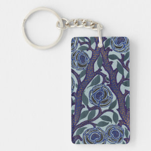 Porte-clefs Décor floral de rose Art déco bleu royal et or