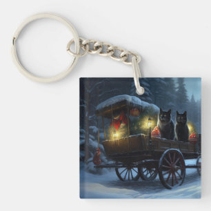Porte-clefs Décoration de Noël Traîneau enneigé de Chat Noir