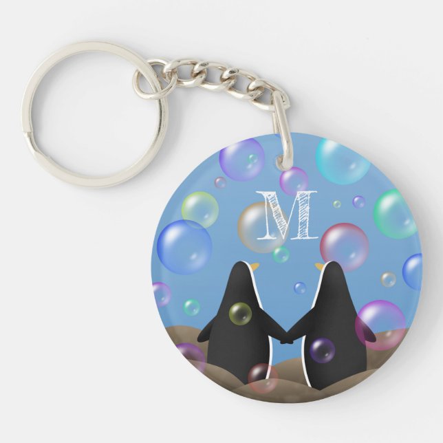 Porte-clefs des amis pingouins regardant les bulles monogramme (Devant)