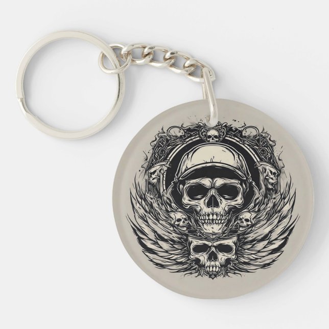 Porte-clefs Design crâne avec ailes et symboles (Devant)