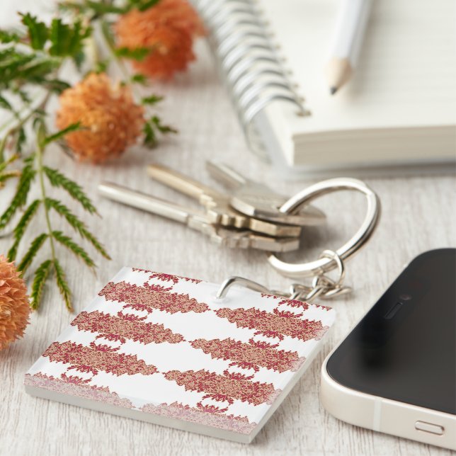 Porte-clefs Design floral rouge et orange avec graphique ornem (Devant Droit)