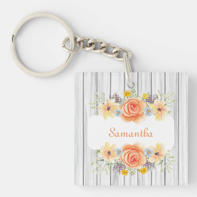 Porte-clefs Design Floral Rustique Élégant Ajouter Votre Nom (Devant)