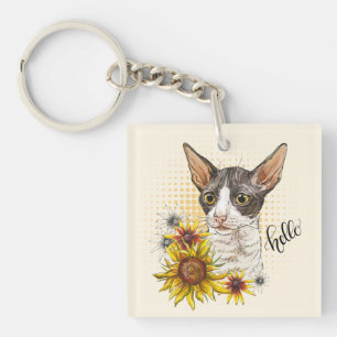 Porte-clefs Dessin à la main Cornish Rex chat avec tournesol J