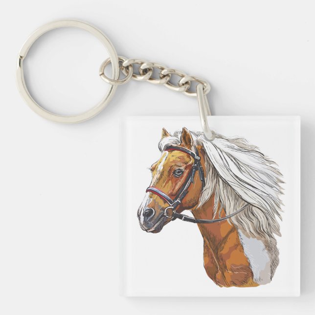 Porte-clefs Dessin à la main portrait de cheval Pinto (Devant)