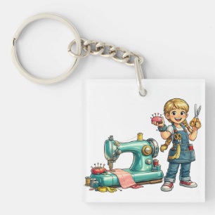 Porte-clefs Dessin animé de jolie fille couturière avec une ma