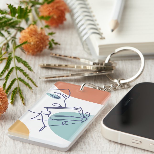 Porte-clefs dessin d'art affiche d'une femme buvant du café (Devant droit)