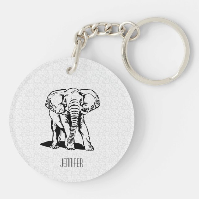 Porte-clefs Dessin de ligne d'éléphant noir mignon monogramme (Dos)