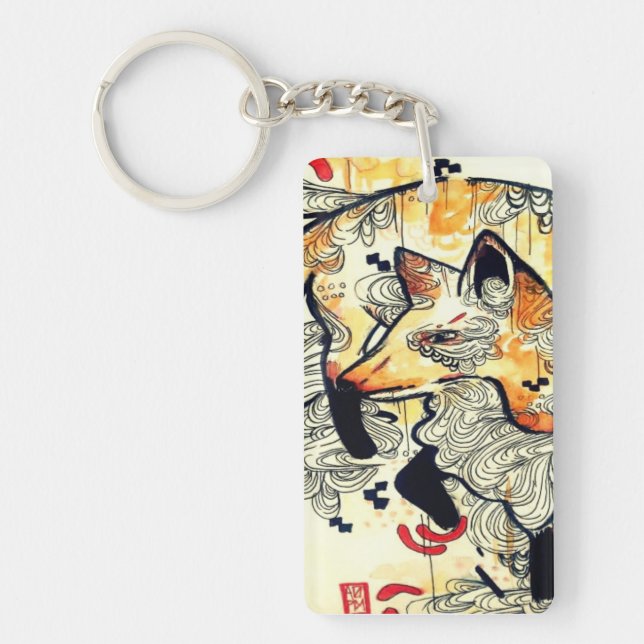 Porte-clefs Dessin japonais de renard de kitsune, art orange (Devant)