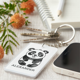 Porte-clefs Dessin minimaliste de panda blanc et noir