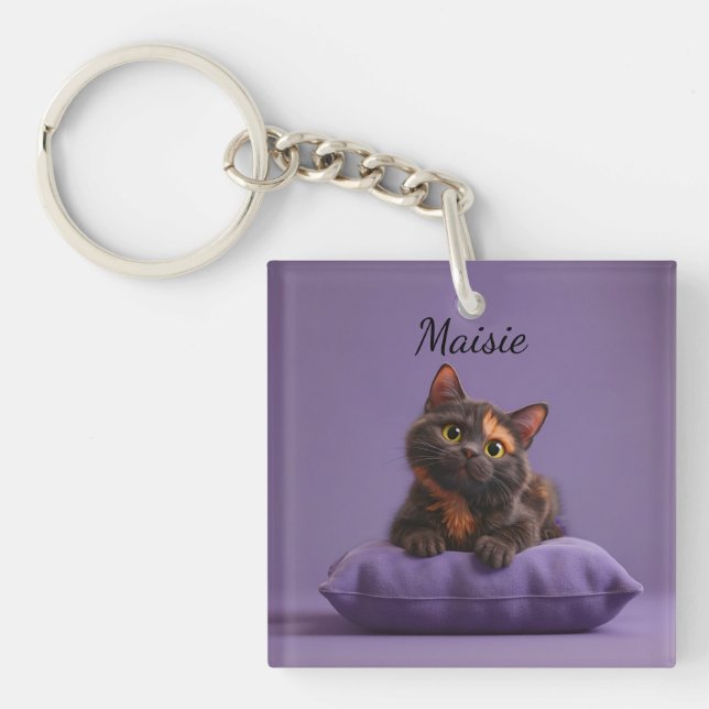 Porte-clefs Dessin Tortoiseshell Kitten sur coussin pourpre (Devant)