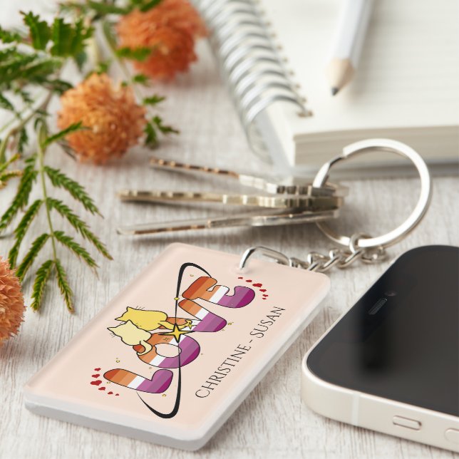 Porte-clefs Deux chats amoureux Coucher de soleil Drapeau lesb (Devant droit)