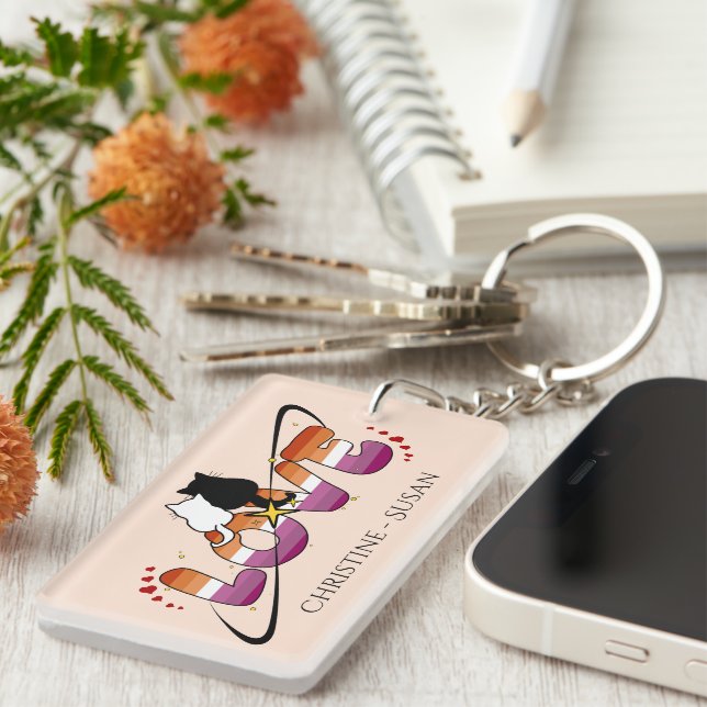 Porte-clefs Deux chats amoureux Coucher de soleil Drapeau lesb (Devant droit)
