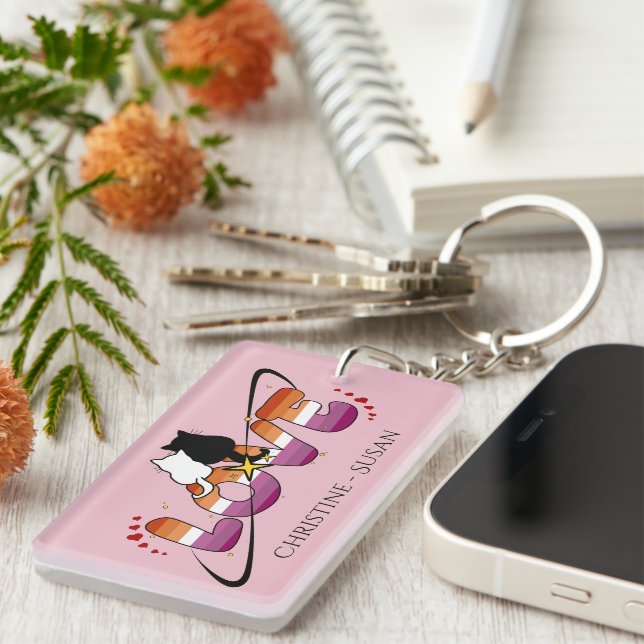 Porte-clefs Deux chats amoureux Coucher de soleil Drapeau lesb (Devant droit)