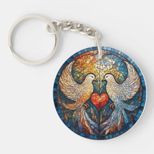 Porte-clefs Deux colombes Élégant Vitrail