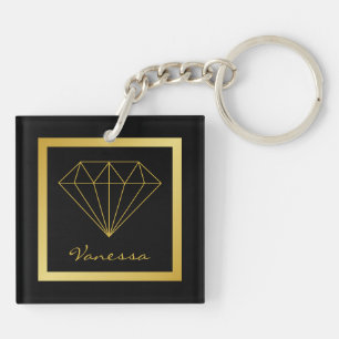 Porte-clefs Diamant Géométrique Noir Élégant en Or