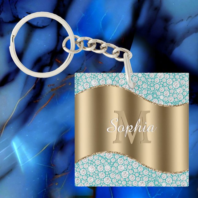 Porte-clefs Diamants de Glam sur Turquoise, Monogramme Or, Nom (Créateur téléchargé)