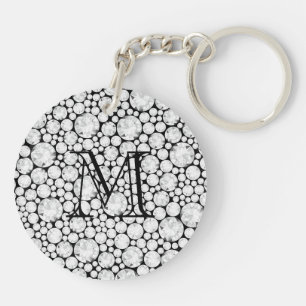 Porte-clefs Diamètre facé Gemmes blanc gris noir monogramme