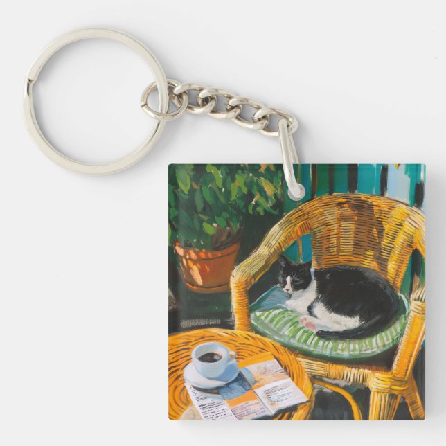 Porte-clefs Dimanche matin | Peinture confortable pour chat et (Devant)