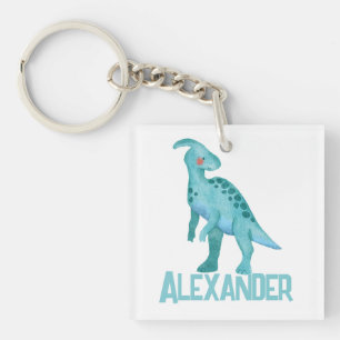 Porte-clefs Dinosaure bleu aquarelle avec nom enfant