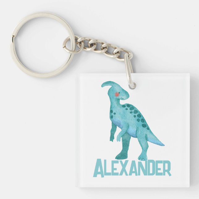 Porte-clefs Dinosaure bleu aquarelle avec nom enfant (Devant)
