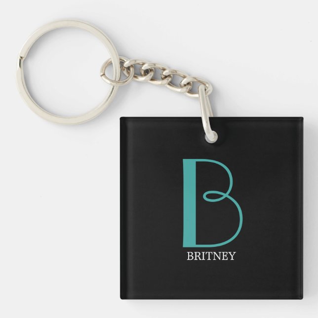 Porte-clefs DIY Large Monogram & Name, Teal/White Text, Black (Devant)