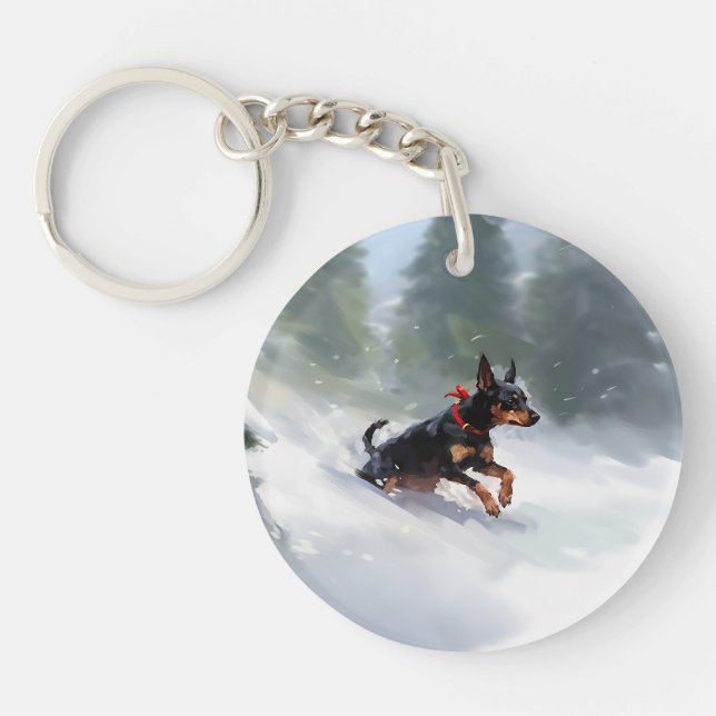Porte-clefs Doberman Pinscher neige de Noël hiver (Devant)