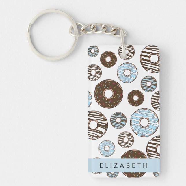 Porte-clefs Donuts Bleus, Donuts Brown, Sprinkings, Votre Nom (Devant)