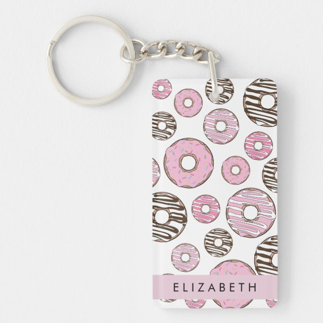 Porte-clefs Donuts Roses, Donuts Blancs, Sprinkings, Votre Nom (Devant)