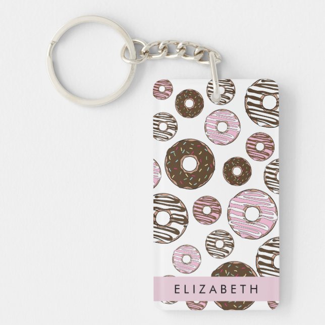 Porte-clefs Donuts Roses, Donuts Brown, Sprinkings, Votre Nom (Devant)