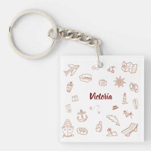 Porte-clefs Doodle de vacances d'été avec nom personnalisé 