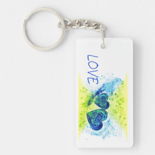 Porte-clefs Double Coeur Bleu LOVE Typographie