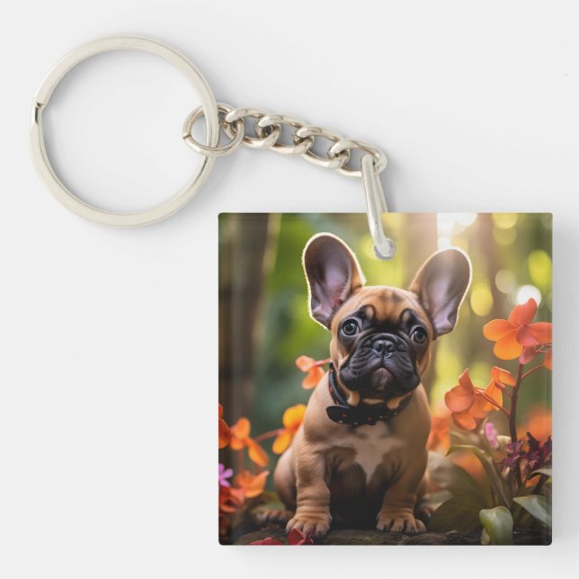 Porte-clefs 🐶💗Douce Frenchie chiot dans une jungle (Devant)