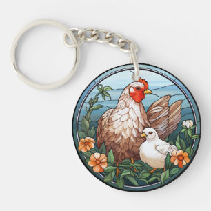 Porte-clefs Douce Poule et Poussin en Verre Coloré