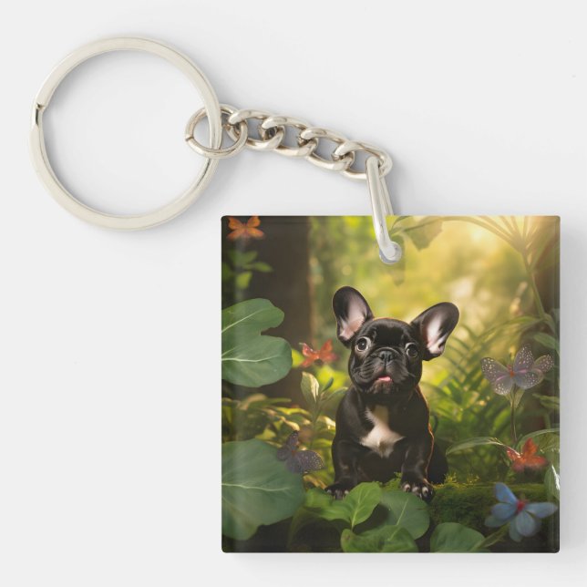 Porte-clefs 🐶💗Doux chiot Frenchie dans une jungle (Devant)