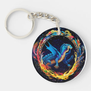Porte-clefs Dragon Bleu Magique Entouré de Flammes Mystiques