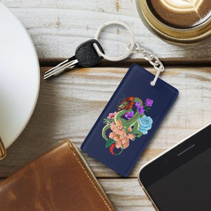 Porte-clefs Dragon Chinois Floral Vert Mystique Bleu Nuit