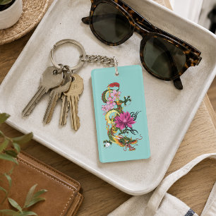 Porte-clefs Dragon Chinois Vert Gras Tatouage Lotus Sarcelle