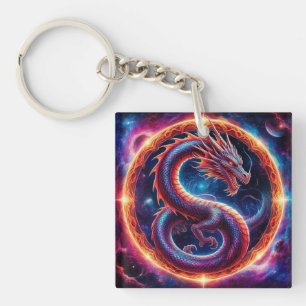 Porte-clefs Dragon Cosmique Ardente Entouré d'un Anneau Célest