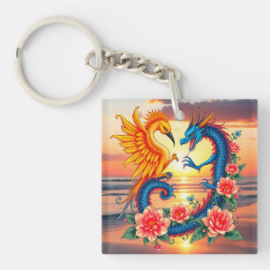 Porte-clefs Dragon et Phoenix vibrant avec fleurs