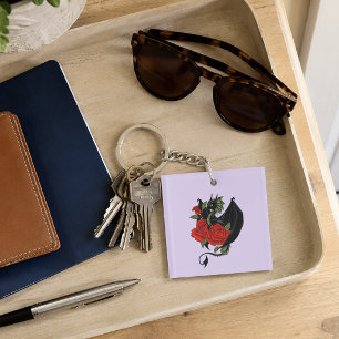Porte-clefs Dragon Noir Mystique Roses Rouges Lavande Gothique