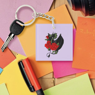 Porte-clefs Dragon Noir Mystique Roses Rouges Lavande Gothique