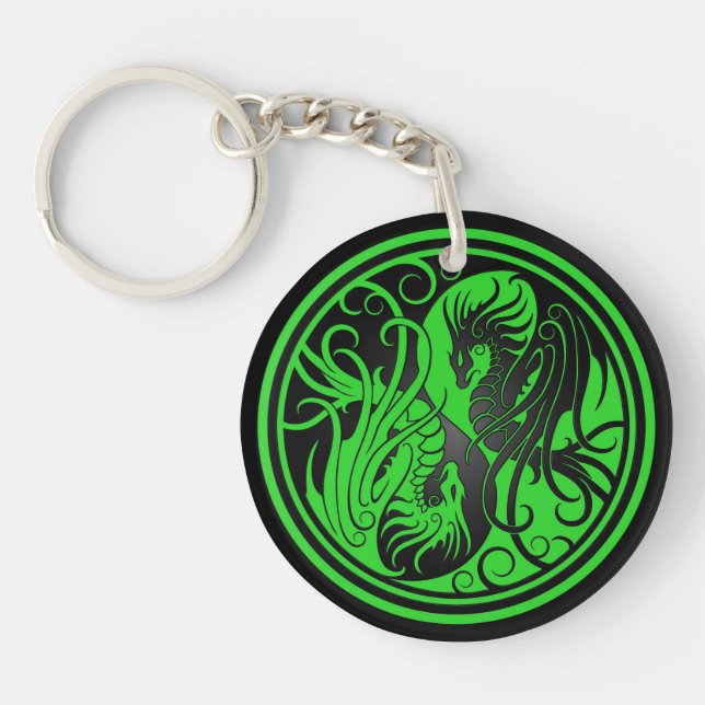Porte-clefs Dragons de Yin Yang de vol - vert et noir (Devant)