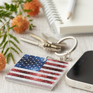 Porte-clefs Drapeau américain rouge blanc bleu scintille paill