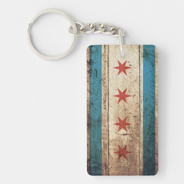 Porte-clefs Drapeau de Chicago sur le vieux grain en bois (Devant)