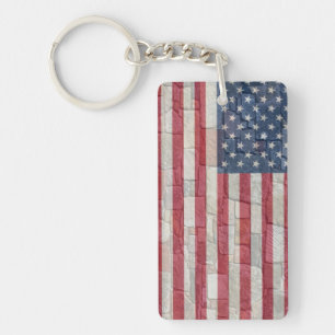 Porte-clefs Drapeau vintage Patriotique USA sur mur de pierre
