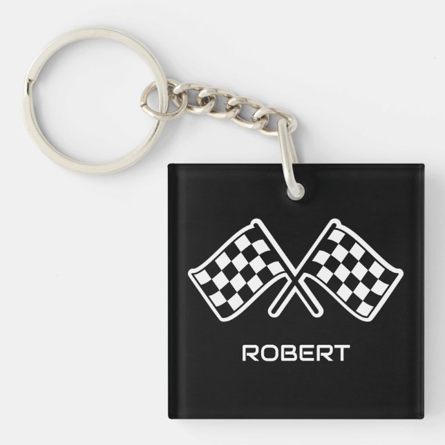 Porte-clefs Drapeaux à damier de course nom personnalisé Noir (Devant)