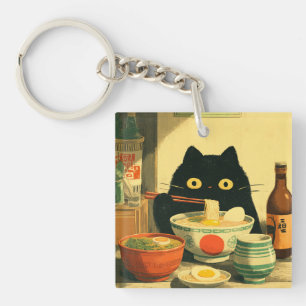 Porte-clefs Drôle chat noir manger Ramen   Vintage japonais